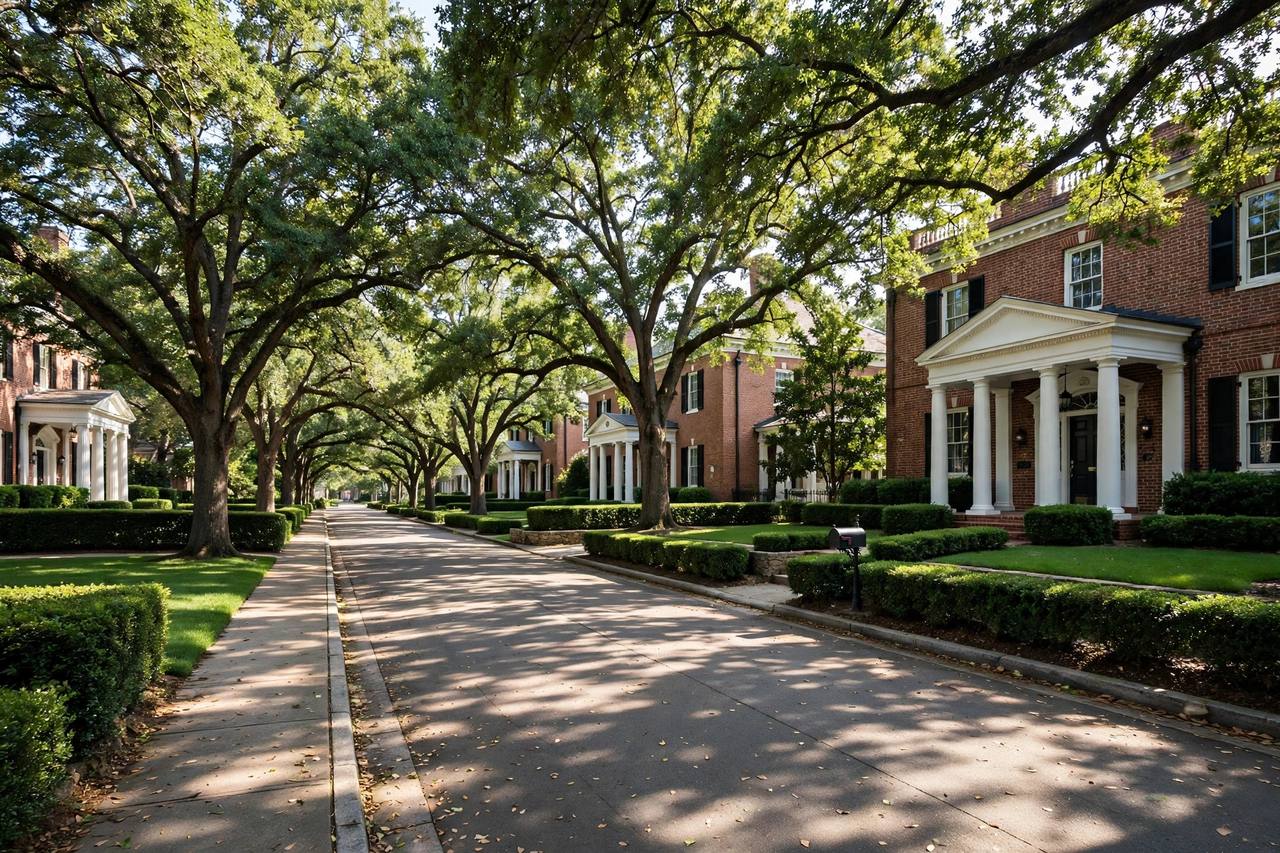 Older Cleburne street with porches and pecan trees near downtown